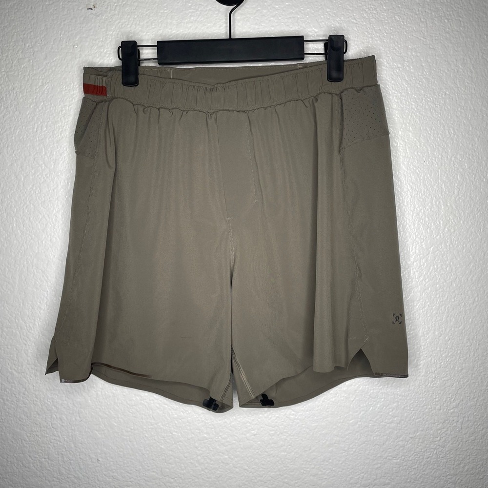 Lululemon Mens Lined Athletic Training Shorts Olive Green Khaki Size M 6 Inseam